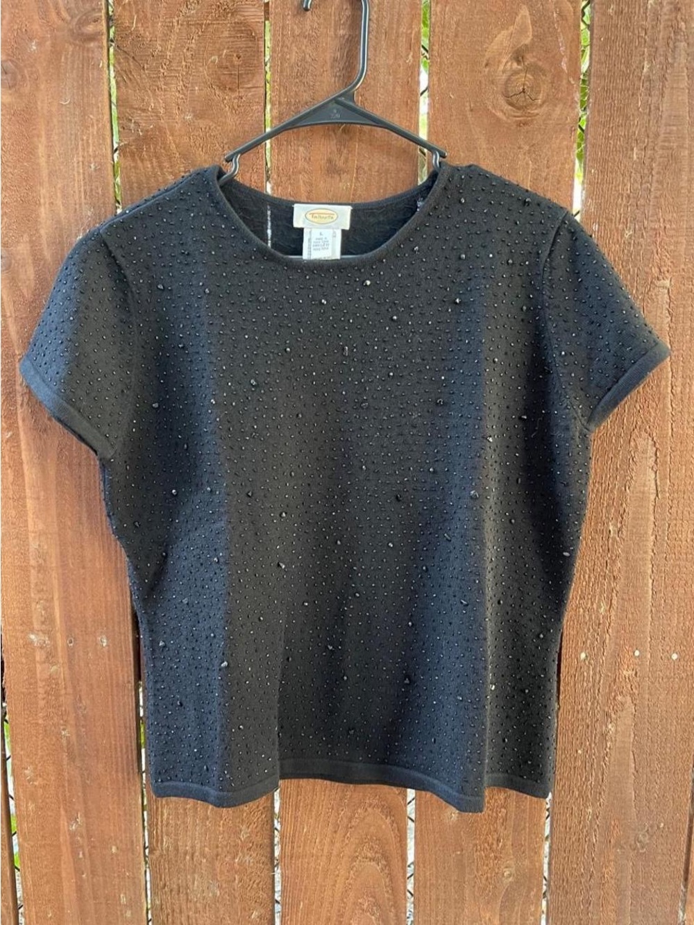 Talbots Black Beaded Casual Classy Short Sleeve 100% Merino Wool Top Sz L